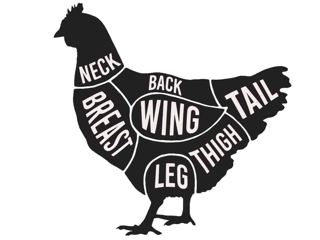 Diagram of a chicken showing where the neck, back, wing, breast, thigh, leg, and tail cuts come from.
